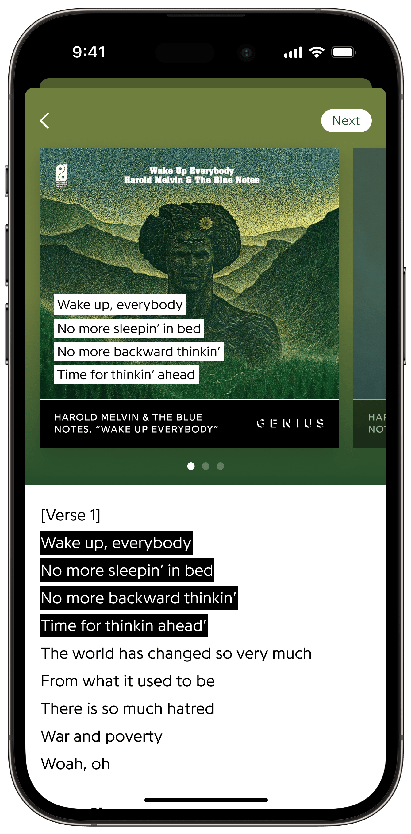 The second step of creating a Lyric Card is displayed in the Genius iOS App