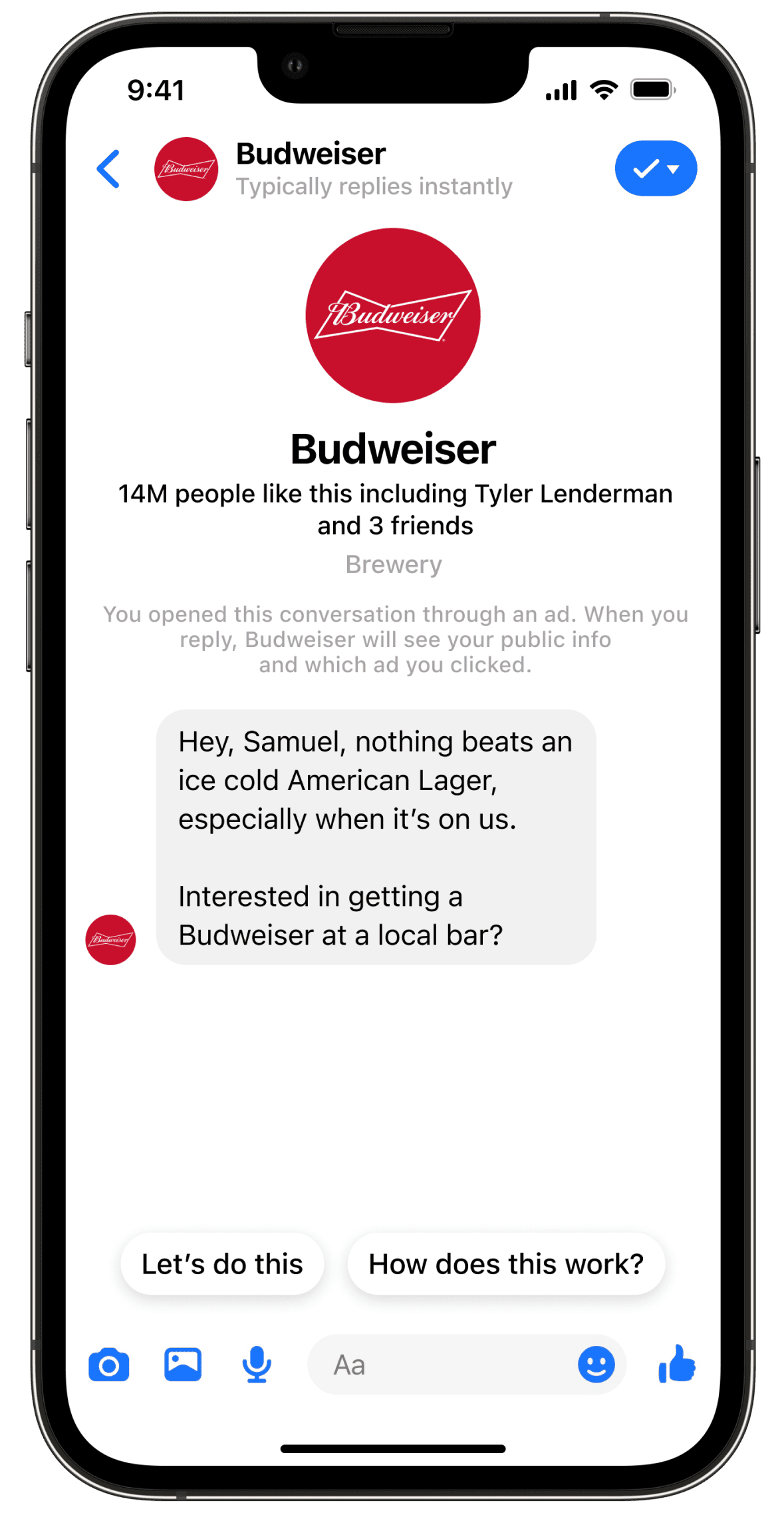 Screenshot of the Budweiser Facebook Messenger Chatbot asking if the consumer would like to find a bar to try a Budweiser