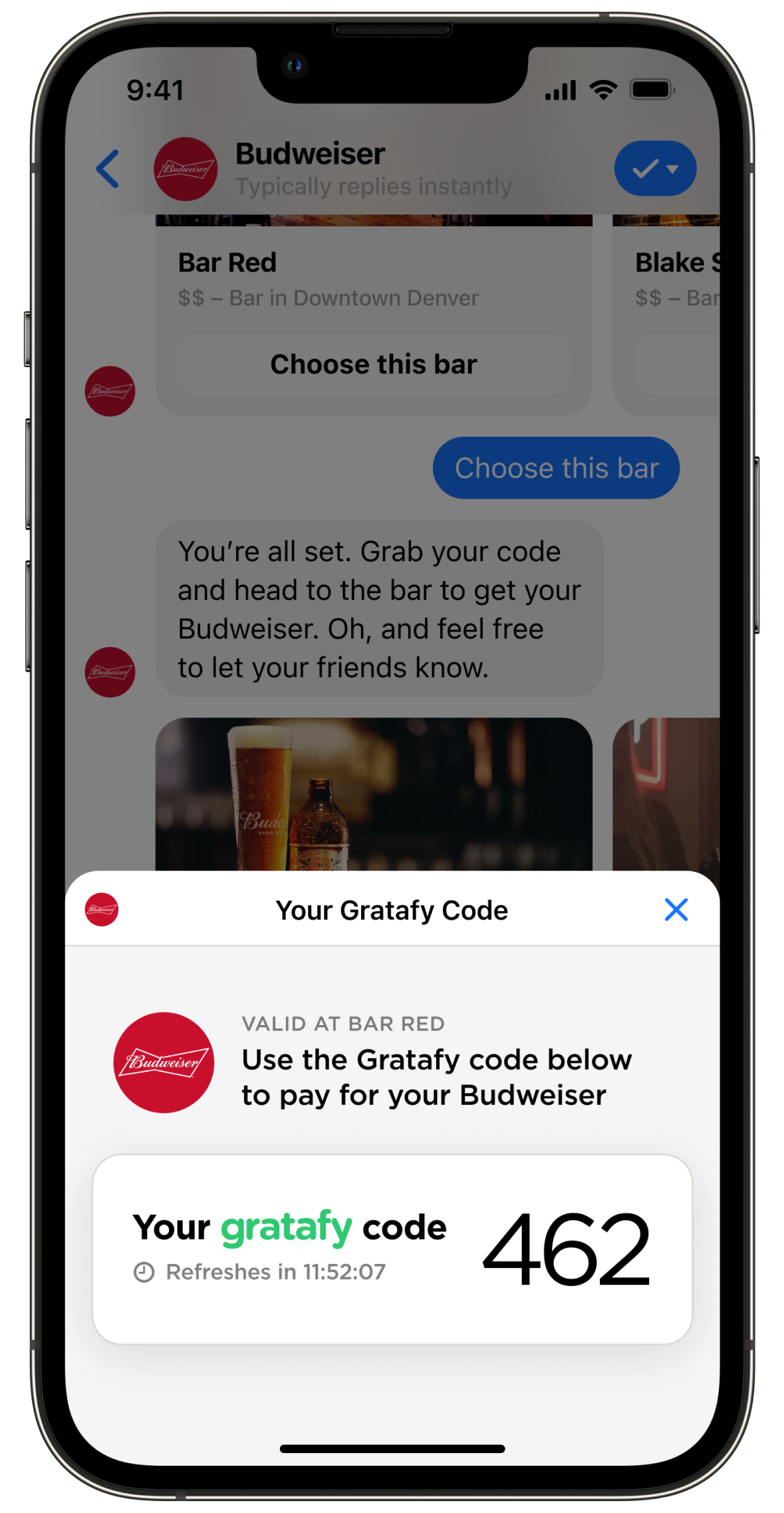 Screenshot of the three digit Gratafy code offered by Budweiser to redeem for a drink at the bar