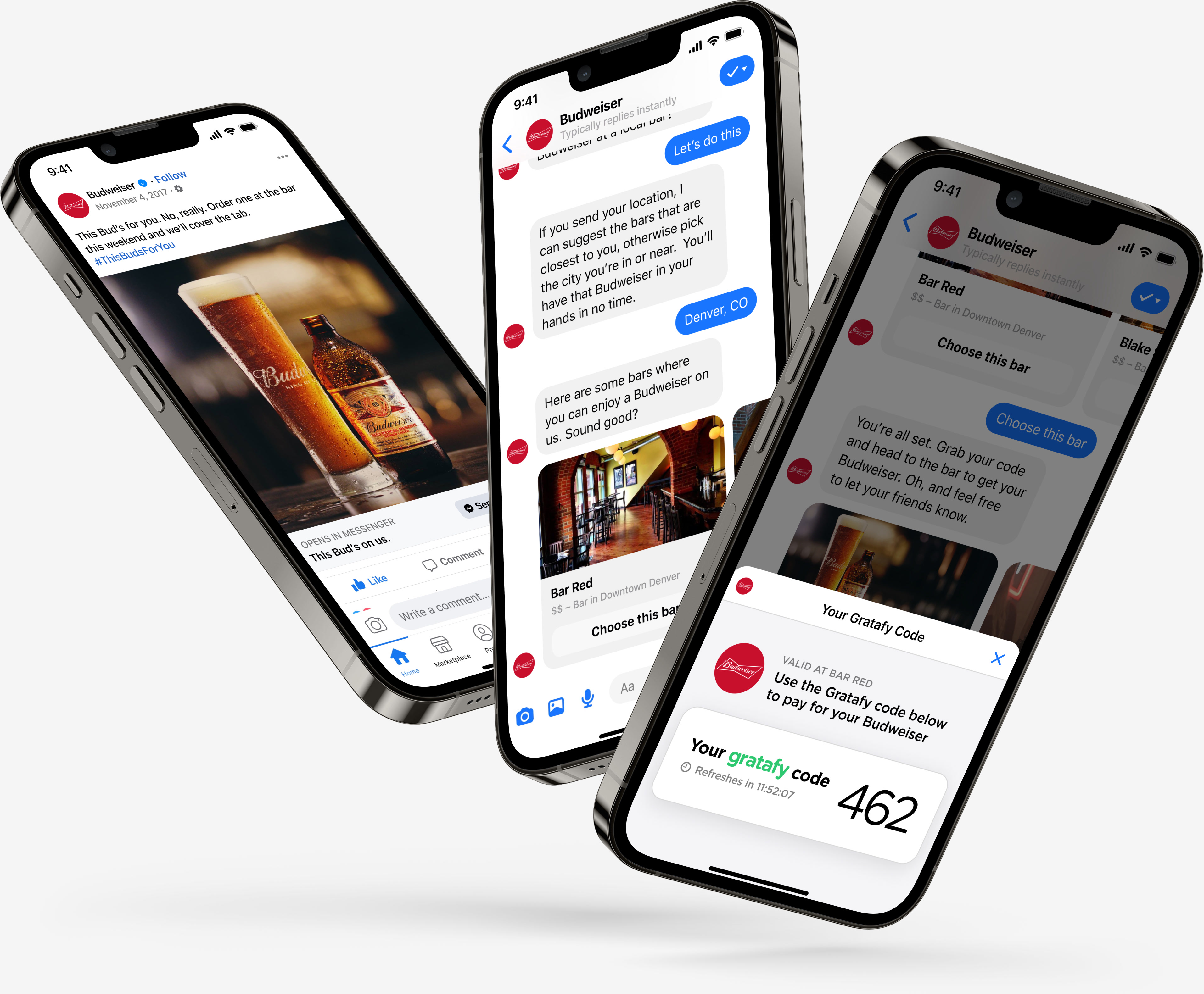 Three mobile devices displaying screenshots of a brand campaign for Budweiser ran by Gratafy that offers consumers a chance to try Budweiser at a local bar