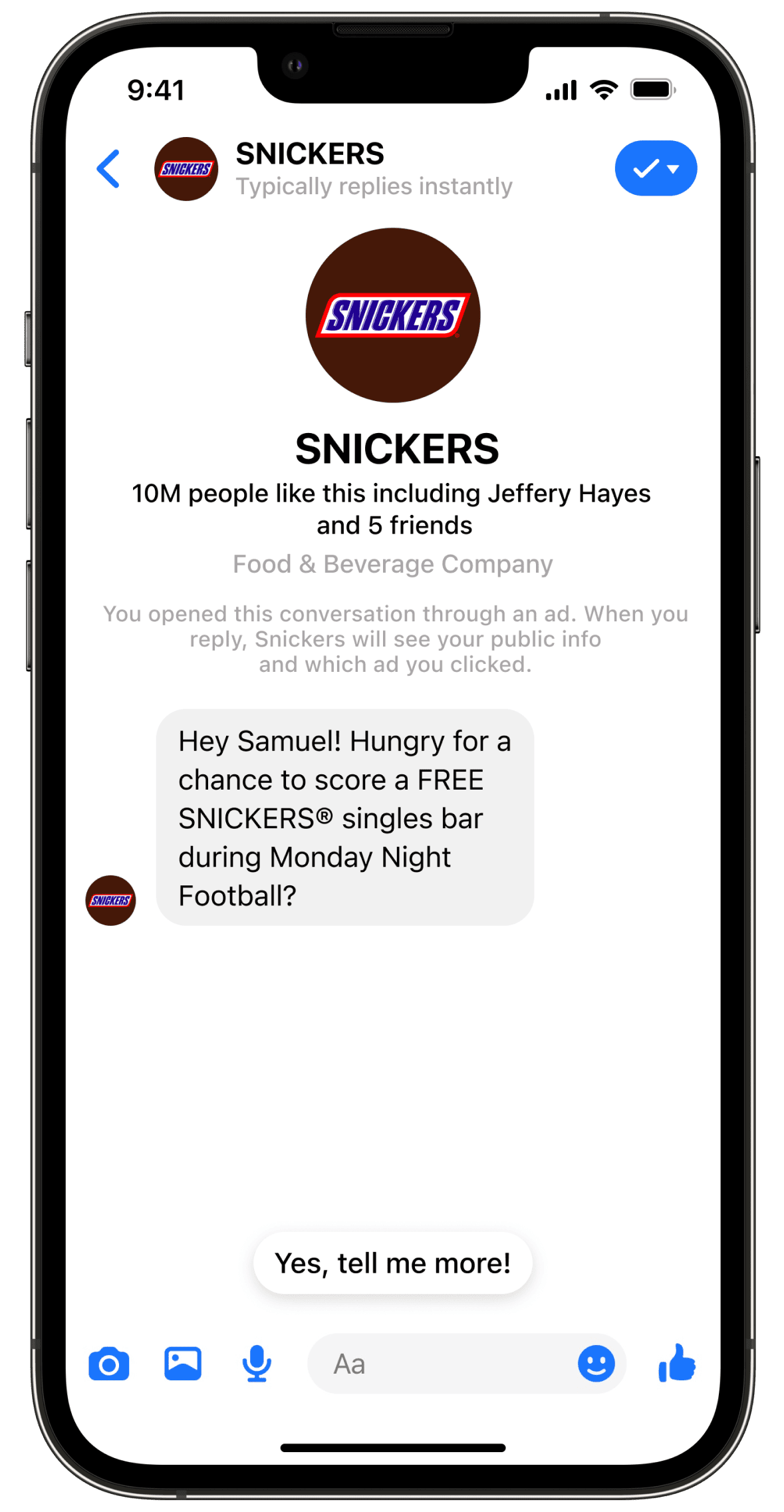 Screenshot of the SNICKERS Facebook Messenger Chatbot asking the consumer if they'd like to subscribe for a chance to win