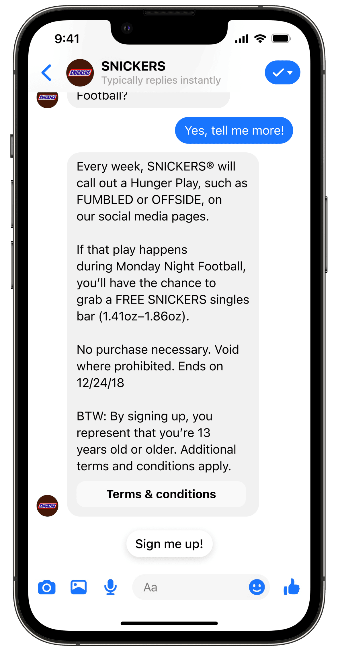 Screenshot of the SNICKERS Facebook Messenger Chatbot telling the consumer about the promotion terms of service and asking if they agree to them