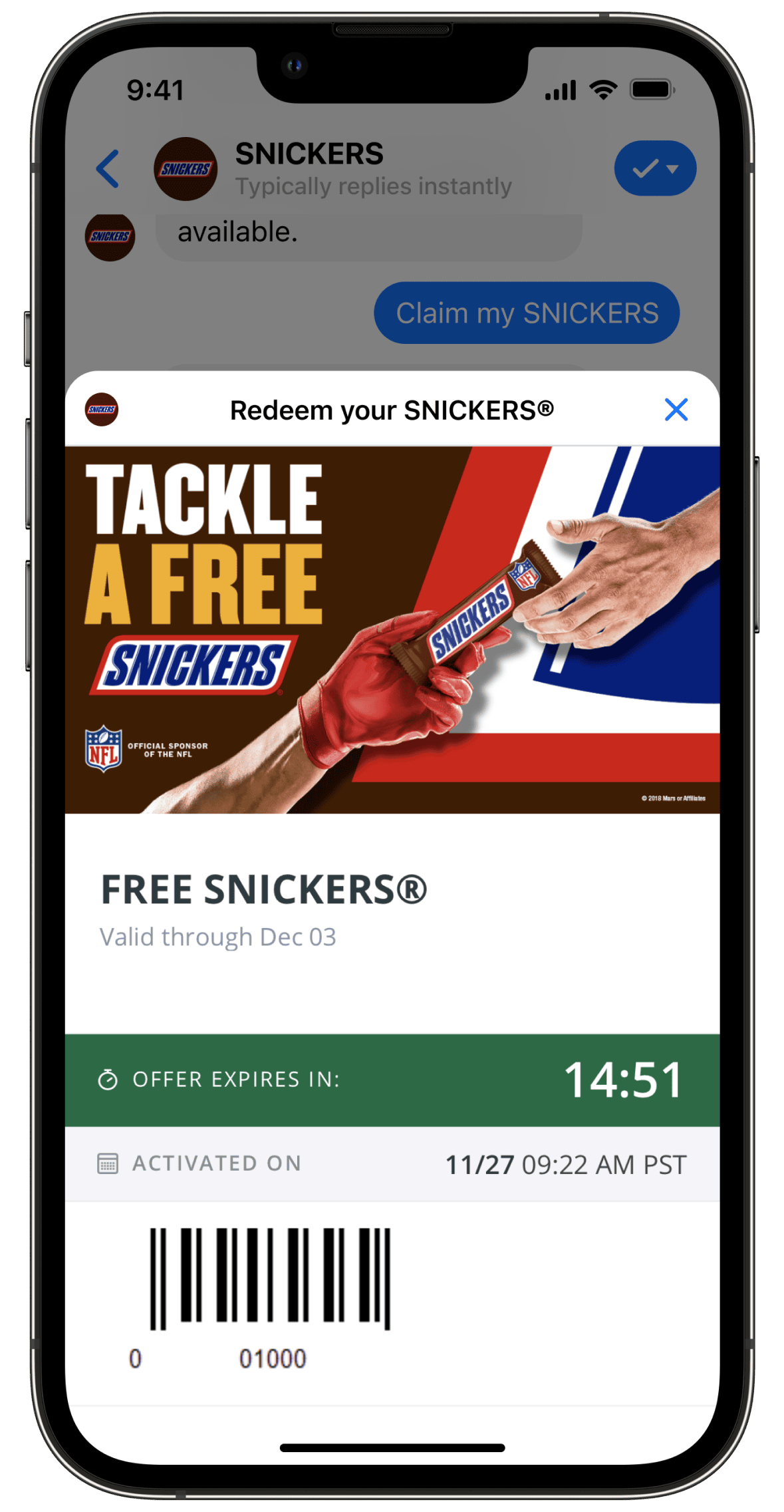 Screenshot of an instant coupon that's valid for a free SNICKERS bar at participating locations